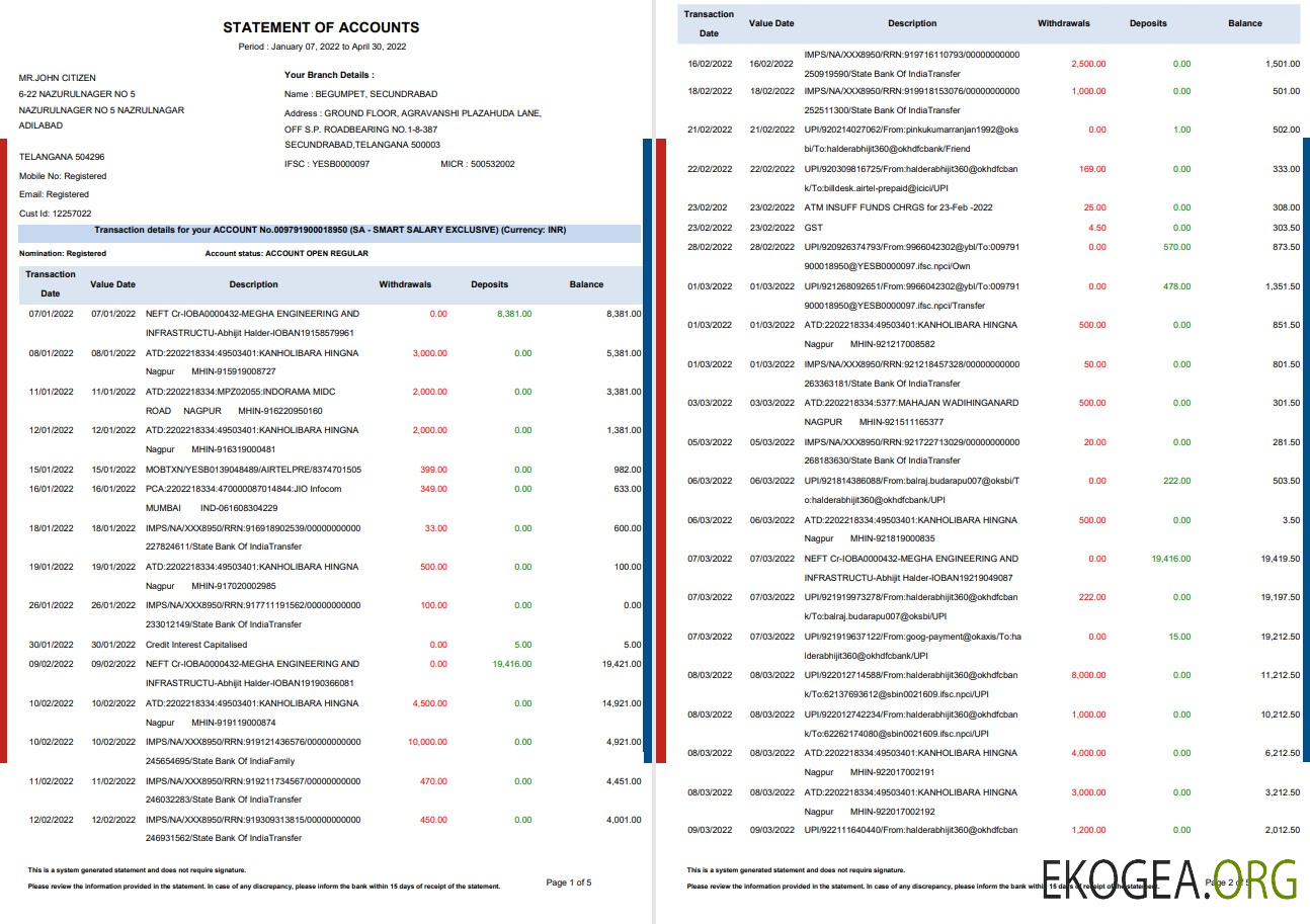 Relevé bancaire Inde HDFC 5 pages